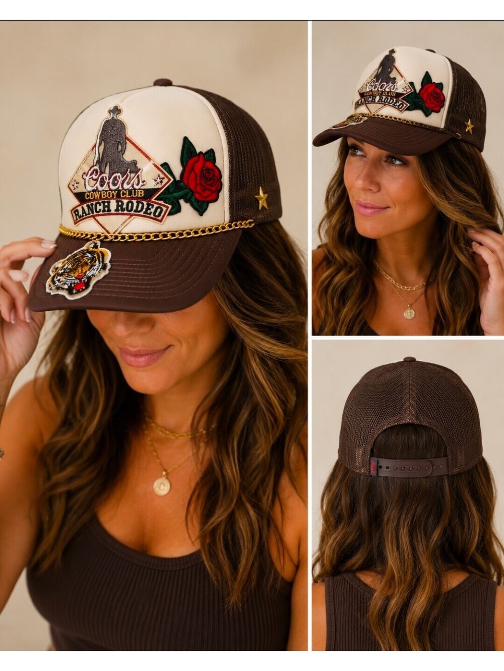 Western Cowboy Trucker Hat Ranch Rodeo Tiger Rose Patch Gold Chain Brown OTTO